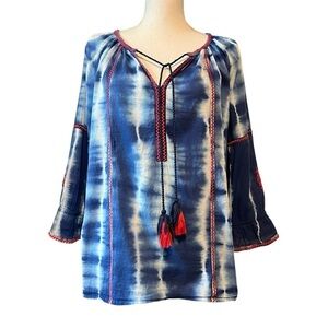 CAFFE MARRAKESH WOMENS BLUE TYE DYE TOP SIZE LARGE LIGHTWEIGHT AND FLOWY